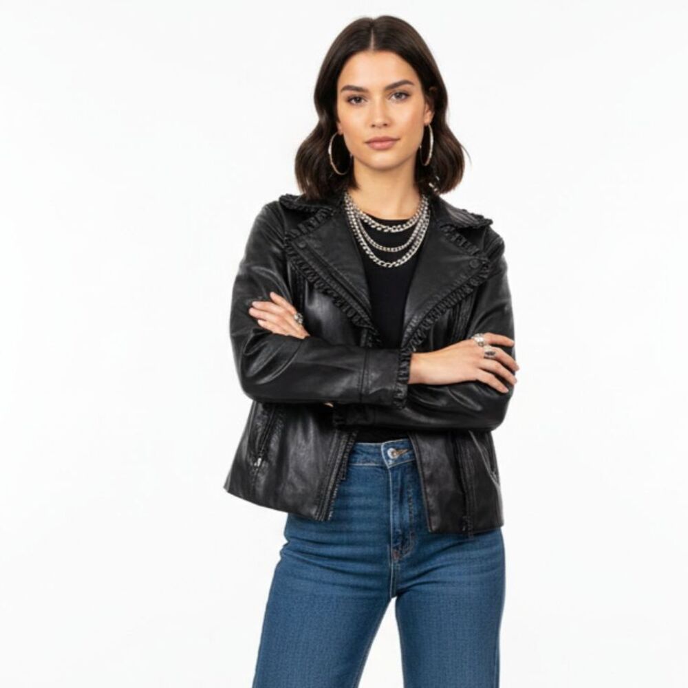 Catherine Malandrino Black Faux Leather Zip Up Ruffle Trim Cropped Jacket M